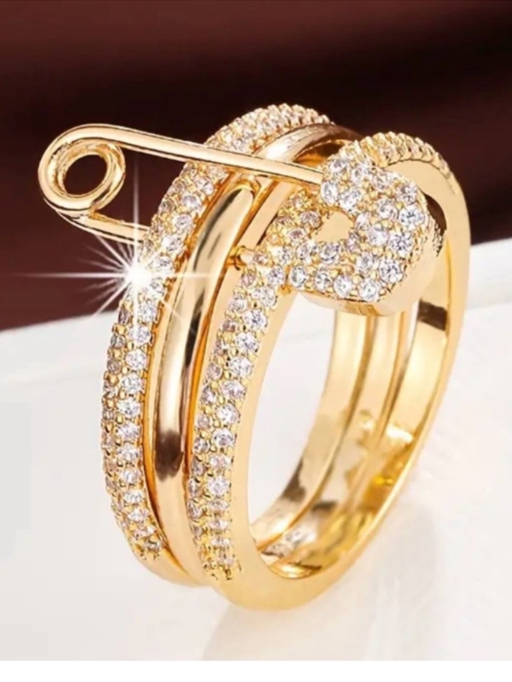 Gold Crystal Safety Pin Heart Stackable Ring